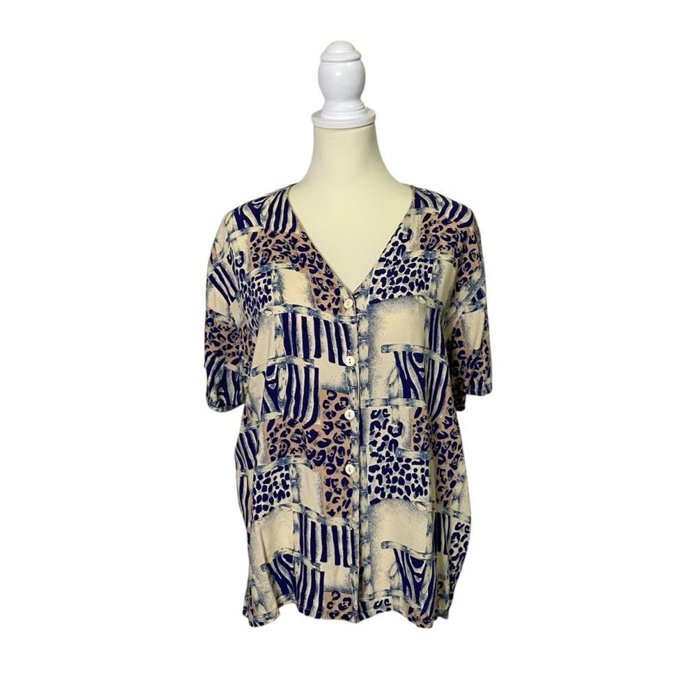Vintage Allyson Whitmore Animal Print Short Sleeve Button Up Blouse Women's LRG